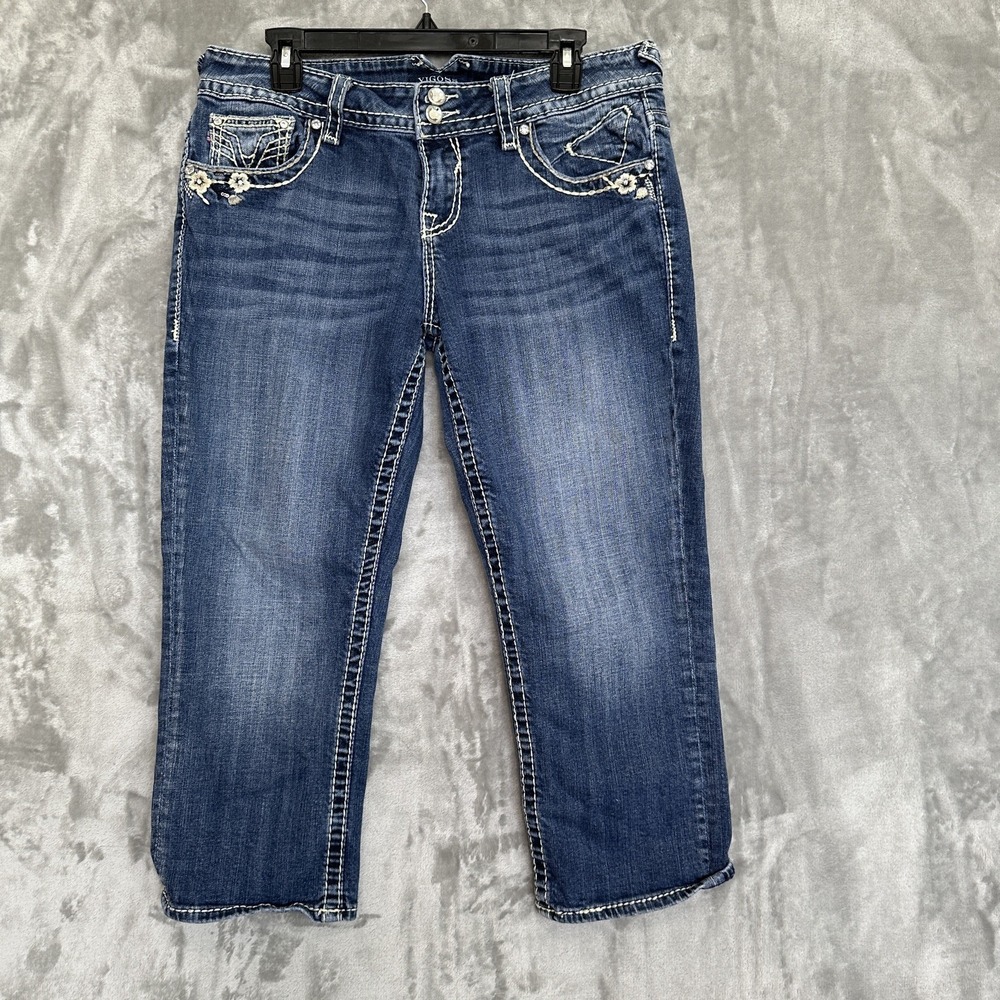 Vigoss Capri Jeans Embroidered Floral Rhinestone Size 11/12 Blue Denim Dark Wash
